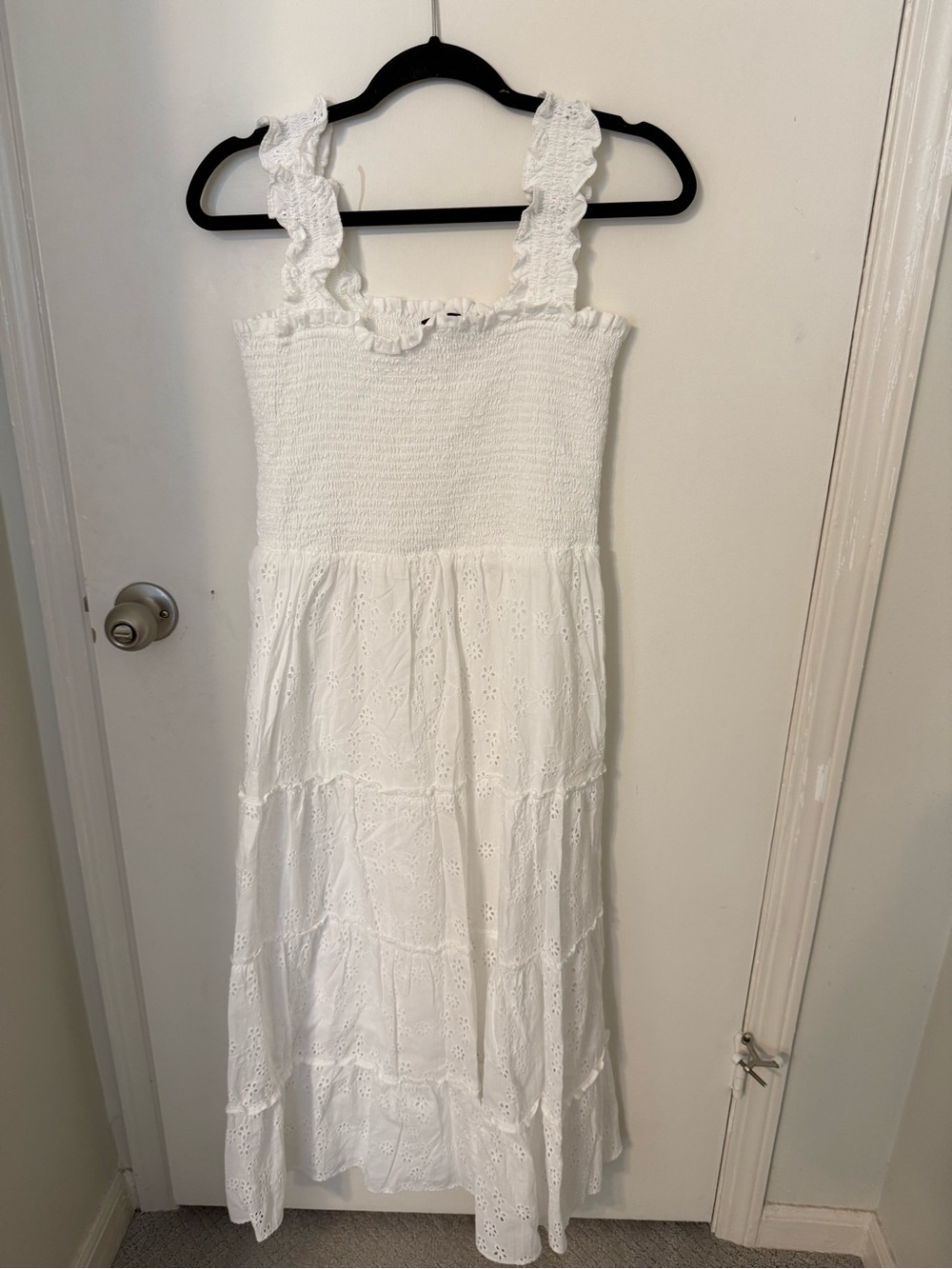 White Eyelet Smocked Maxi Dress